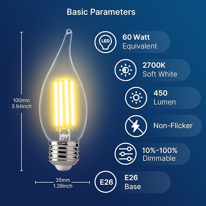 FLSNT LED Candelabra Light Bulbs E26 Base, 60 Watts Equivalent Dimmable LED Chandelier Light Bulbs, 2700K Soft White, 48 Pack UL,CA65 Listed.
