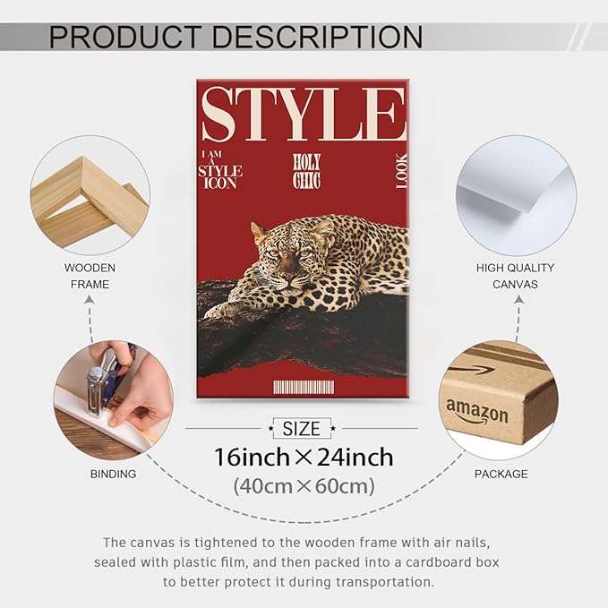 Red Cheetah Wall Art Vintage Trendy Cool Y2k Leopard Style Posters Funky Magazine Aesthetic Cover Canvas Prints 16X24 inch Framed for Living Room Bedroom Dorm Wall Decor