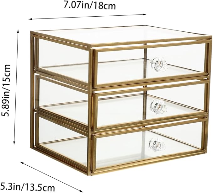 Uonlytech Transparent Glass Jewelry Storage Box with Alloy Frame Large Capacity Desktop Organizer for Cosmetics Lipstick Nail Polish Multipurpose Makeup and Accessories Holder for Home and