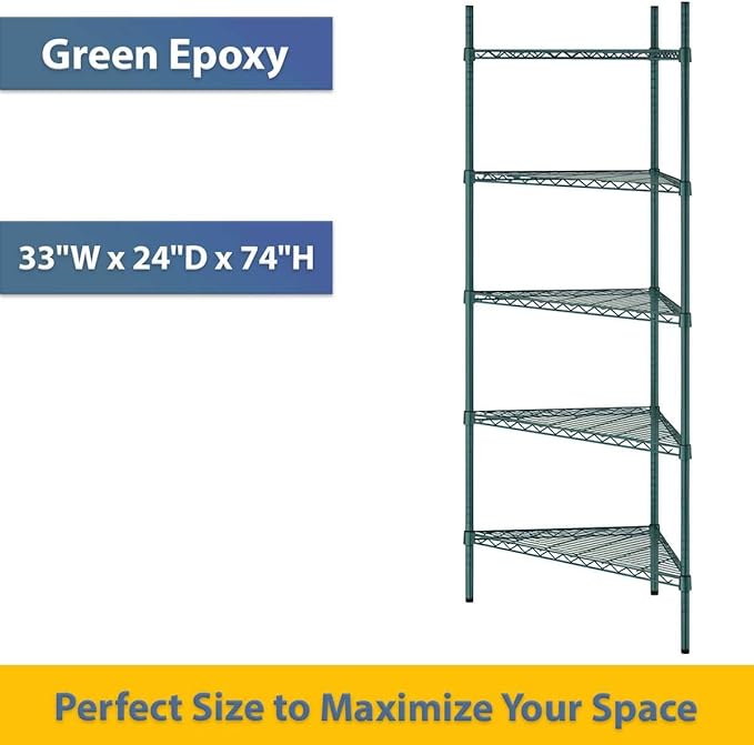 33" W x 24" D x 74" H NSF Green Triangle Heavy Duty Corner Shelving Kit, 5-Shelf Adjustable Wire Rack
