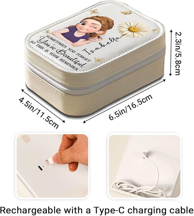 Wrappiness Women & Girls Floral Makeup Box With LED Mirror - Personalized Birthmonth Flower Travel Jewelry Organizer Gift for Daughters Sisters on Birthday (Floral Heart, Aged Women)