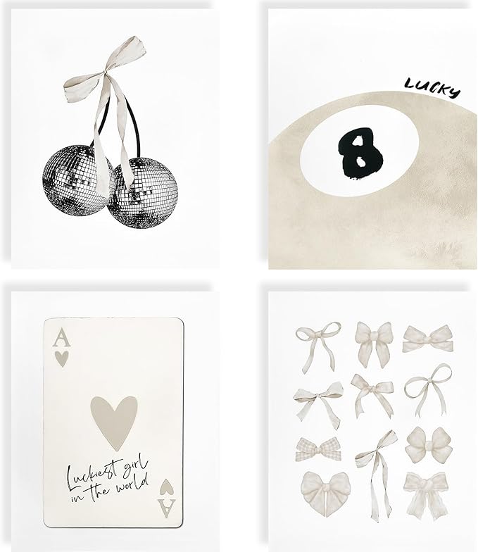 bakbrand Wall Art Minimalist Aesthetic Wall Decor Coquette Modern Canvas Decor Posters Trendy Preppy Bow Picture Print Painting for Bedroom/Living Room, Set of 4 Pcs Unframed (AC1, Beige, 8W x 10L)