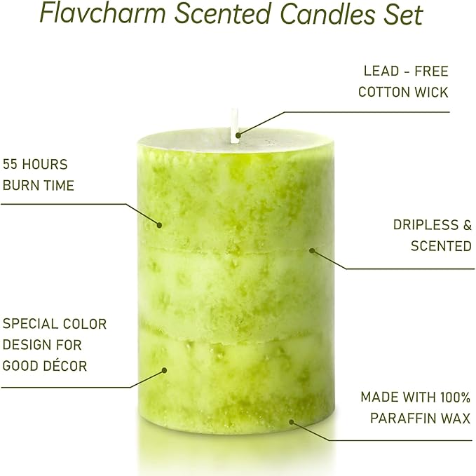 Green Pillar Candles Set of 3 Sage Scented Long Burning Candles 3x4 inch Aromatherapy Clean Burn Dripless Candle for Dinner Table,Weddings, Holidays Home Decorations