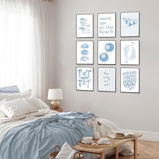 9Pcs Coastal Granddaughter Wall Art Posters Blue Oyster Bikini 8 Ball Leopard Bow Wall Decor Pictures Trendy Preppy Beachy Aesthetic Prints for Girls Dorm Gallery Bedroom Decoration Unframed (8"X10"X9PCS, Blue)