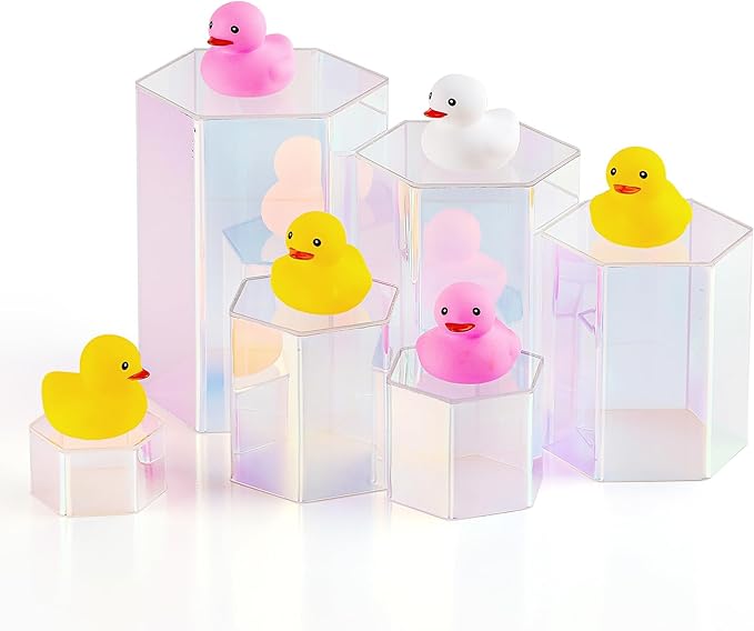 Jetec 12 Pcs Acrylic Display Risers Hexagonal Jewelry Display Stands Perfume Jewelry Showcase Acrylic Jewelry Display Organizer for Collectible Figures Jewelry Display, 6 Sizes (Rainbow Color)