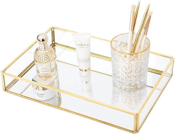 Hapivida Golden Vintage Glass Box, Vintage Glass Jewelry Organizer Box, Clear Glass & Brass Metal Storage Jewelry and Cosmetic Makeup Case Holder Organizer(Large)
