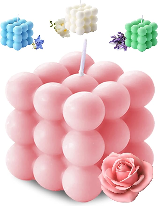 Scented Bubble Cube Candles - Home Decor Aromatherapy Candle, 5.4 oz Soy Wax, Rose (Pink)