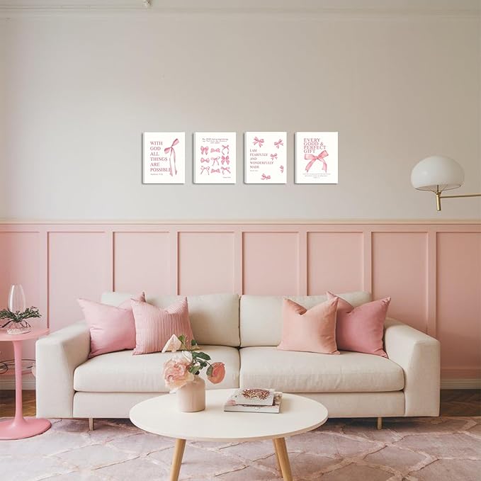 SEHSUVC Coquette Pink Bow Bible Verse Wall Art Set of 4, Christian Scripture Inspirational Canvas Prints, Cute Girly Preppy Aesthetic Religious Wall Decor for Bedroom Nursery Living Room Home 8x10In Framed
