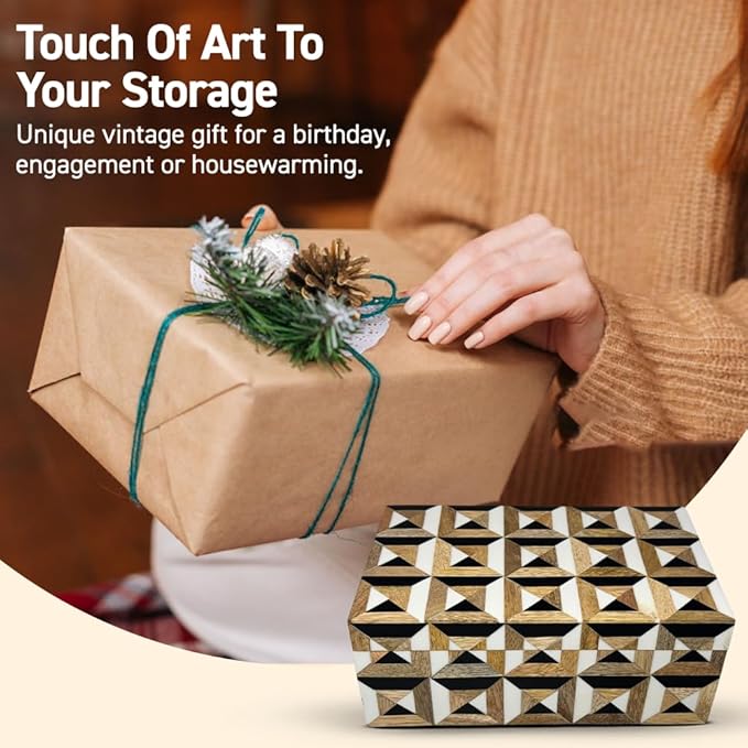 Perilla Home Home Decor Decorative Storage Wooden Box Small Era Organizer Tool Stash Card Craft Trinket Memory Keepsake Jewelry Box for Men and Women, Gifts For All, Brown, Black and Off White