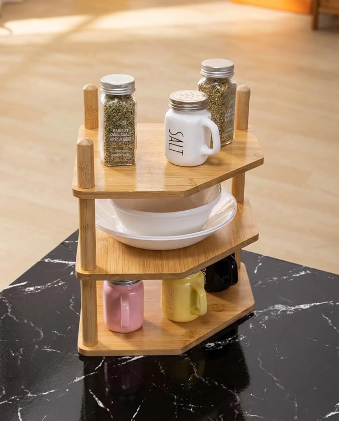 3 Tier Expandable Bamboo Corner Shelf - Dish/Plate Organizer for Cabinet, Kitchen Counter Shelf & Small Kitchen Shelf, Adjustable (1, 3Tier-3.9" H)