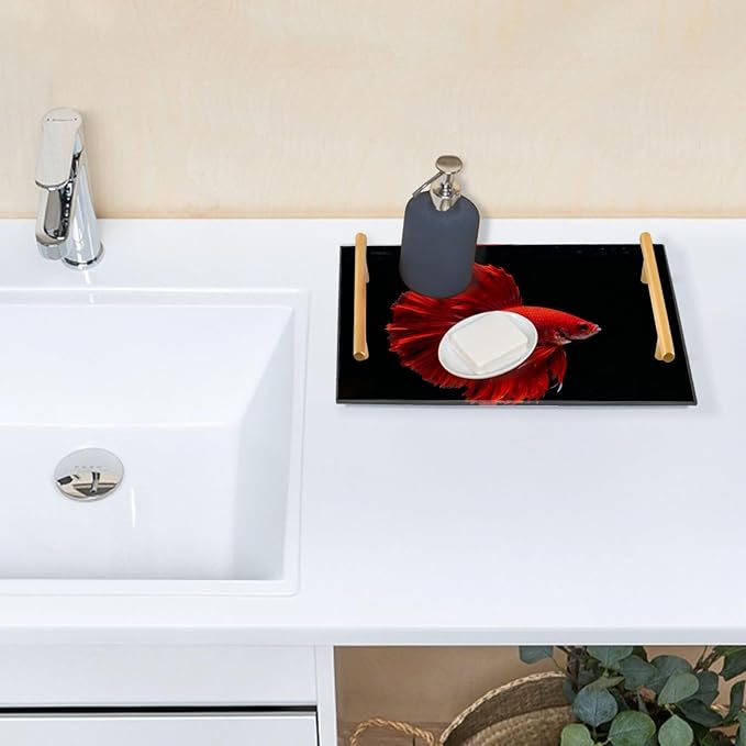 Red Betta Fish Decorative Acrylic Bar Tray with Handles Tray with Gold Handles for Jewelry Perfume for Restaurant Serving bandejas para desayuno personalizado