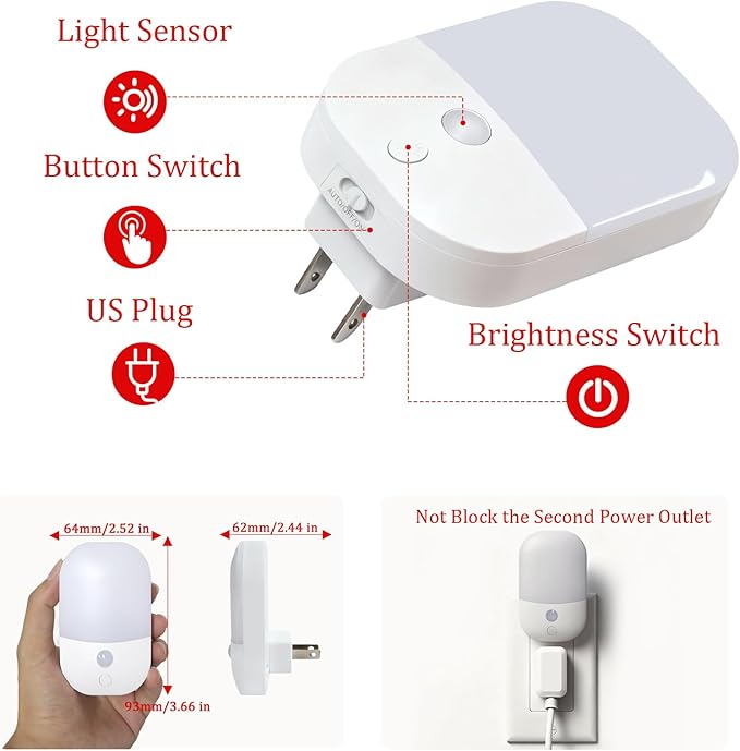 670nm Red Light Night Light for Sleep Therapy - 2 Pack, Auto Dusk to Dawn Sensor, 0.3W Dimmable & Portable LED Red Night Light Plug into Wall for Nursery Bedroom Bathroom Kitchen Hallway