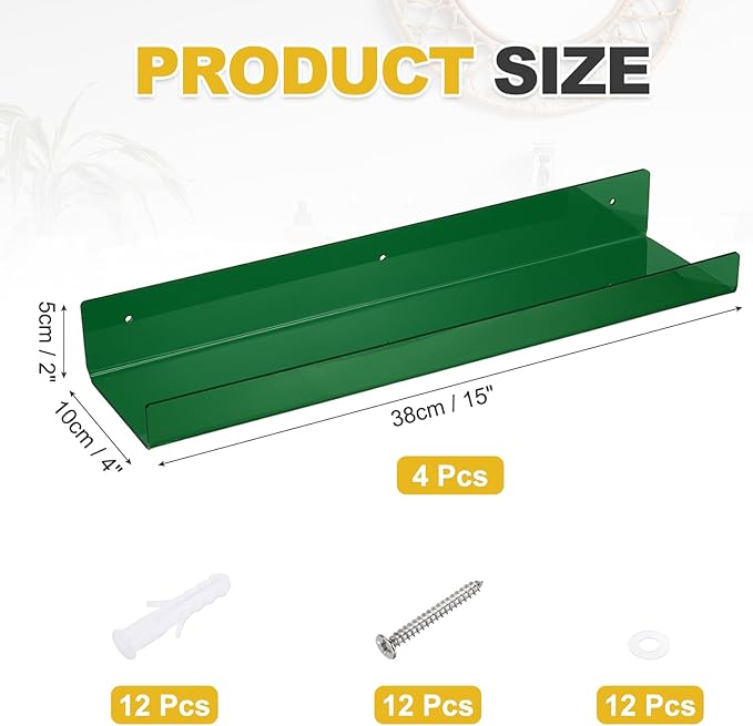MECCANIXITY 4 Pack Acrylic Shelves for Wall, 15 Inch Green Floating Shelves Wall Mount Display Shelf Organizer for Bathroom, Bedroom, Living Room, Room Decor
