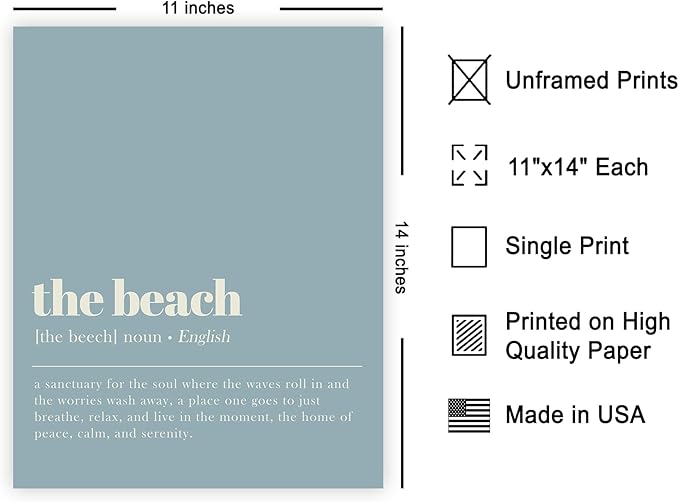 Poster Master Definition of The Beach Print - Typography Poster - Dictionary Art - Gift for Men & Women - Minimal Decor for Bedroom, Living Room or Dorm - 11x14 UNFRAMED Wall Art