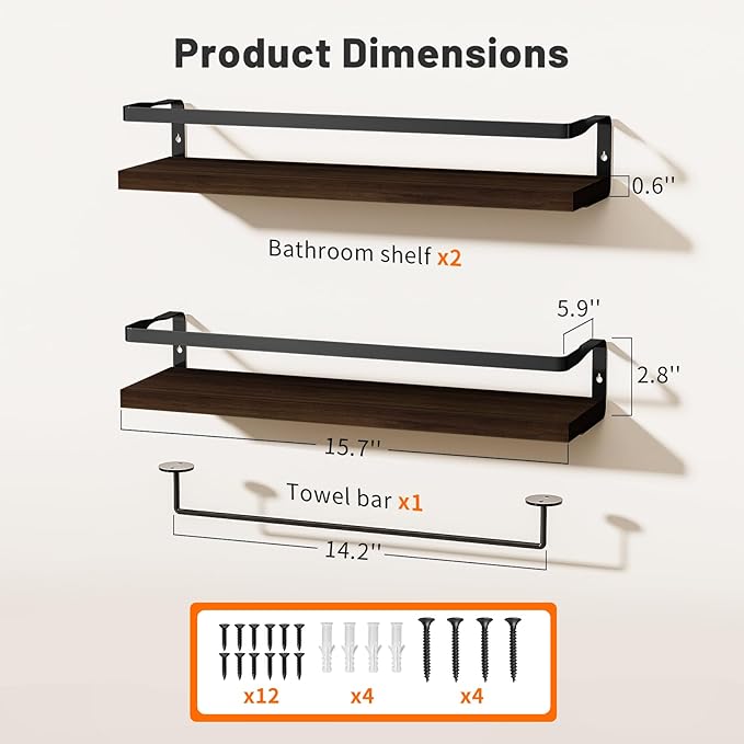 Bathroom Shelves with Towel Bar,Floating Shelves for Bathroom, Kitchen, Bedroom, Paulownia Wood, Matte Black Metal Frame - Set of 2 (Rustic Brown)