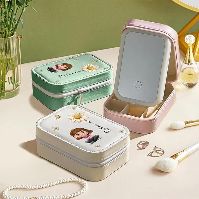 Wrappiness Women & Girls Floral Makeup Box With LED Mirror - Personalized Birthmonth Flower Travel Jewelry Organizer Gift for Daughters Sisters on Birthday Christmas Graduation Wedding