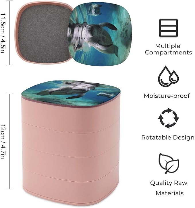 Ocean Animal Manatee Jewelry Box 360°Rotating Storage Boxes Small Travel Earring Organizer with 4-Layers Rotatable Jewelry Storage Organizer for Ring Necklaces Makeup