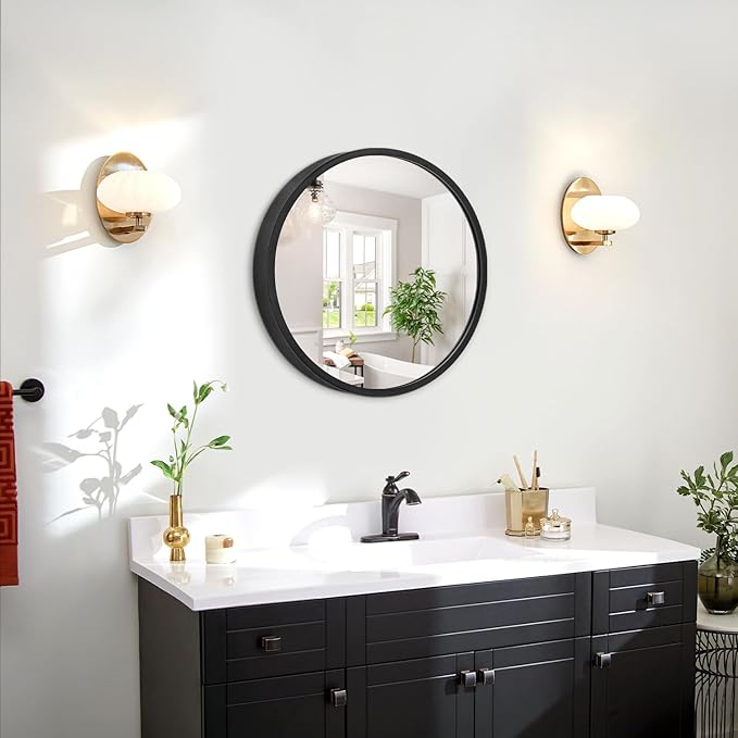 JJUUYOU Round Wall Mirror Black Circular Mirror for Bathroom Vanity Mirror Small Wall Circle for Wall Metal Frame Make up Entryway Living Room Bedroom Dorm Decorative
