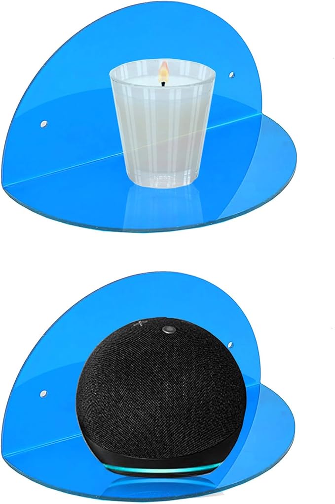 ROYALITA Small Acrylic Shelves Room Decor Floating Shelves (2-Pack, 8-inch Diameter) - Wall Mounted Display Stand for Plants, Toys, Makeup, and More - Ideal for Home and Office, Blue