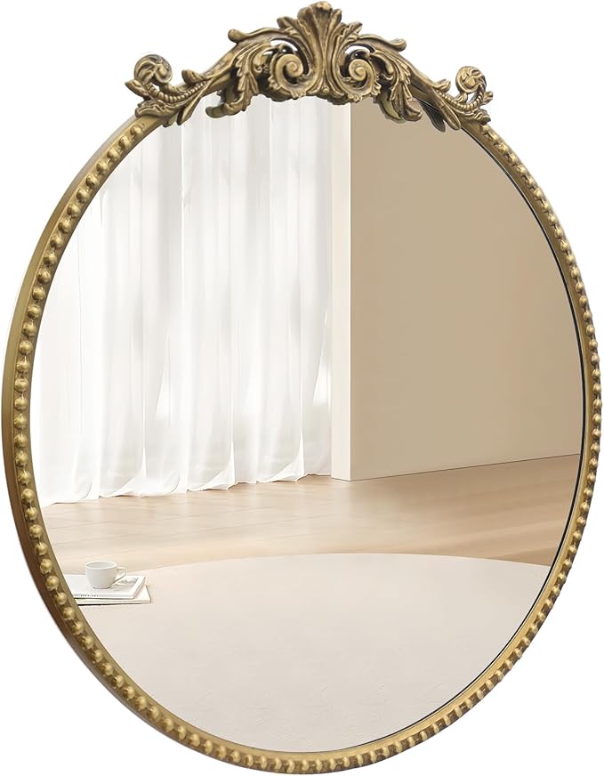 Round Mirror, 24''Baroque Style Circle Mirror Vintage Gold Metal Frame Wall Mirrors for Vanity, Bathroom or Bedroom
