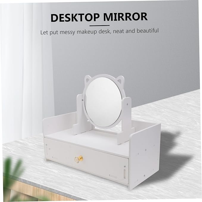 SHERCHPRY 1Pc Rotatable Desktop Makeup Mirror with Storage Drawer Girl Cosmetics Organizer Box for Vanity Countertop Clear Smooth Reflective Surface Material