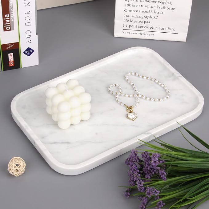 Marble Bathroom Vanity Tray, Natural Marble Home Kitchen Table Tray, Stone Decorative Countertop Serving Organizer for Dresser Coffee Perfume Jewelry Makeup (1, Carrara White L, 12 * 8 * 0.8)