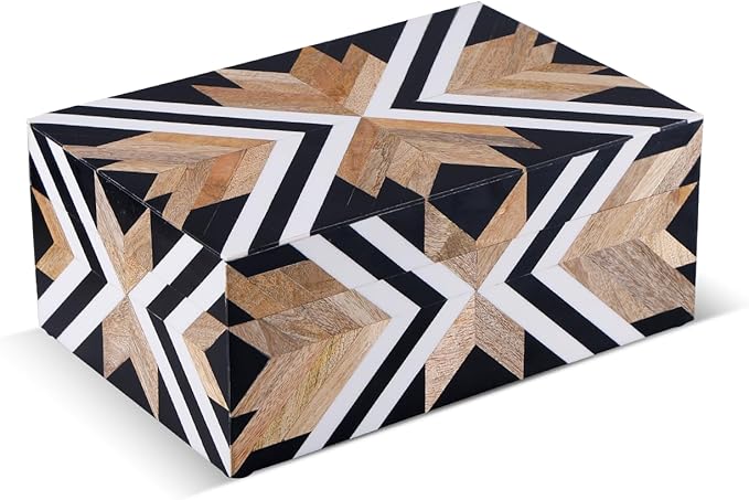 Handicrafts Home Large Decorative Storage Box with Lid – 12x8x5” Coffee Table Organizer, Keepsake- Decorative Boxes for Home Decor, Stylish Decorative Box for Office Decor- Herringbone- Black White