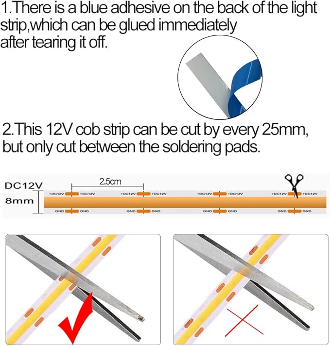 HAMRVL COB LED Strip Lights Yellow, DC12V 16.4ft/5M 320leds/M CRI90 Bright Flexible LED Tape 8mm, for Indoor Home Cabinet,Bedroom,Kitchen,Stage,Backlight DIY Lighting(Without Power Supply) (Yellow)