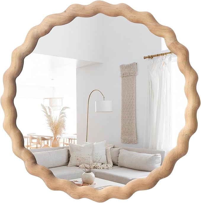 Irregular Wall Mirror,Wood Round Farmhouse Mirror Unique Vanity Mirror,36" Nature Wooden Modern Bathroom Mirror for Washroom Living Room Bedroom