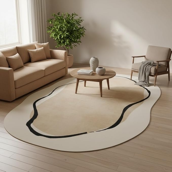 Beige Brown Irregular Shape Rug 2x3 Modern Abstract Black Striped Irregular Rug for Bedroom Diningroom Living Room Washable Odd Shaped Rugs Minimalist Aesthetics Home Office Guestroom Indoor Carpet