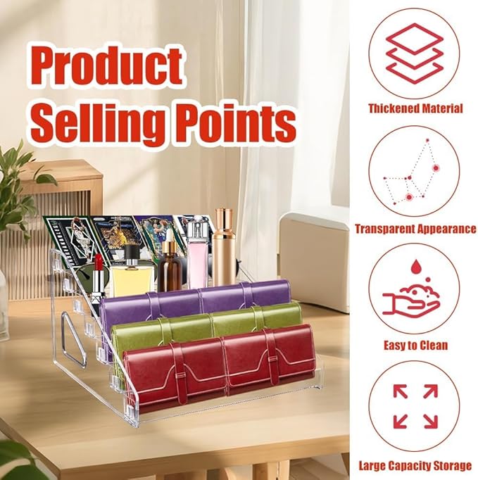 Wallet Display Stand, Acrylic 7-Tier Purse Display Stand, 7.8" Handbag & Perfume Organizer Rack, Cosmetic Jewelry Sunglasses Makeup Accessories Shelf (1 Pack)