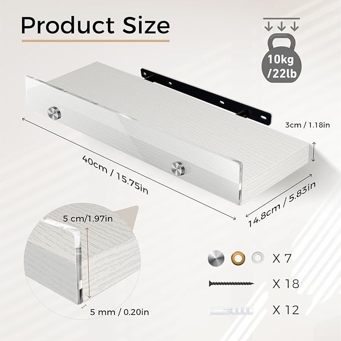 3 Pack Wooden Floating Shelves for Wall with Acrylic Front Lip, 15.7 IN Wall Mounted Rustic Style Shelves for Bathroom, Bedroom, Living Room, Kitchen, Hanging Shelves, White