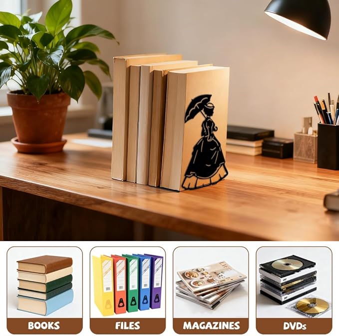 Peacoblue Metal Bookends for Shelves, Victorian Woman Modern Decorative Heavy Duty Study Book Ends Stoppers for Office, Desk, Shelf, Room Cast Iron Simple Tall Bookends 1 Pair