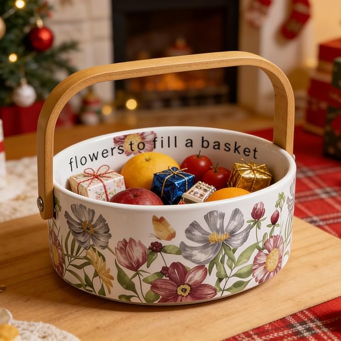 Ceramic Fruit Bowl with Detachable Wooden Handle Candy Dish Decorations Ornaments Decorative Bowl Birthday & Thank You Gifts(Magenta Flowers and Butterflies)