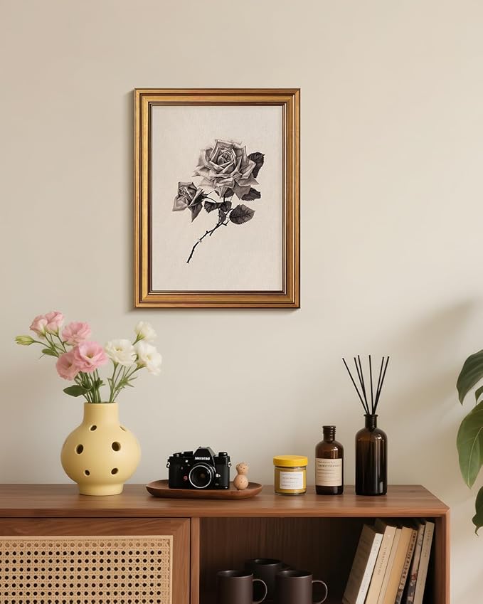 Bzstyleart Vintage Wall Art Decor for Living Room, Rose Flower Canvas Prints, Gold Framed Vintage Travel Wall Art, Sketch Painting Picture, Home Decor Aesthetic Kitchen Bathroom, New York, 12L x 16W