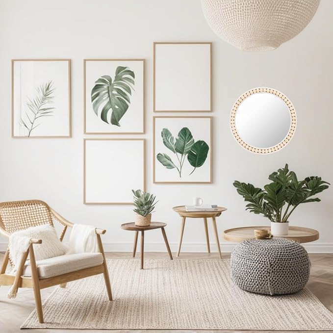 Eorbow Boho Wall Mounted Mirror, 12 Inch Round Wooden Bead Hanging Mirrors, Rustic Decorative Vanity Mirror, Farmhouse Circle Decor Mirrors for Living Room, Bedroom, Bathroom, Nursery