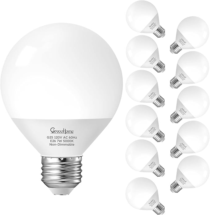GvvooHome Vanity Light Bulbs for Bathroom, G25 LED Globe Light Bulbs for Makeup Mirror Dressing Room, 60W Equivalent, 5000K Daylight, 800LM, E26 Base, Non-Dimmable, 12-Pack