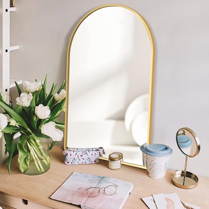 Arched Wall Mirror, Gold Decorative Hanging Mirror, 38"x26" Vanity Mirror Brushed Aluminum Alloy Frame for Bathroom, Bedroom, Living Room, Entryway, Hang Vertical or Horizontal