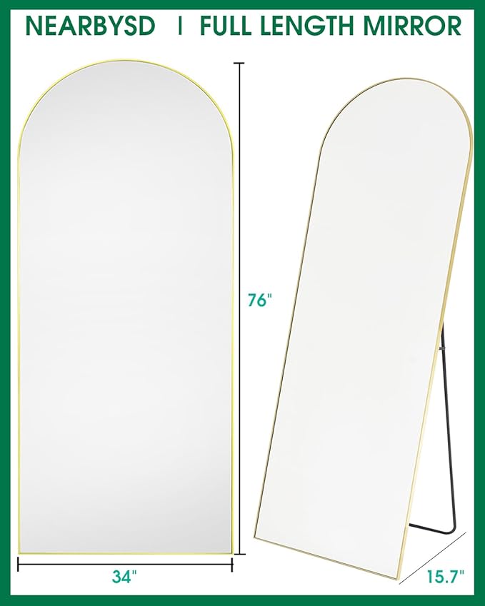 NEARBYSD Oversized Full Length Mirror, Arched Body Mirror with Aluminum Stand, 76"x34", Hanging or Leaning, Wall Mounted, Gold