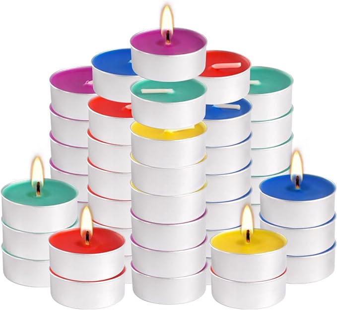 50 Pack Unscented Assorted Colors Tealights Candle - 4+Hour Clean-Burning Votive Smokeless Tea Lights for Home Decor, Rituals, Shabbat & Anniversaries & Relaxation.