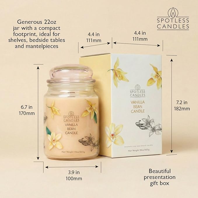 Candle Vanilla Bean 22oz with Wooden Wick in a Presentation Gift Box & Protective Shipper - Vanilla Scented Candles - Large Jar Candles