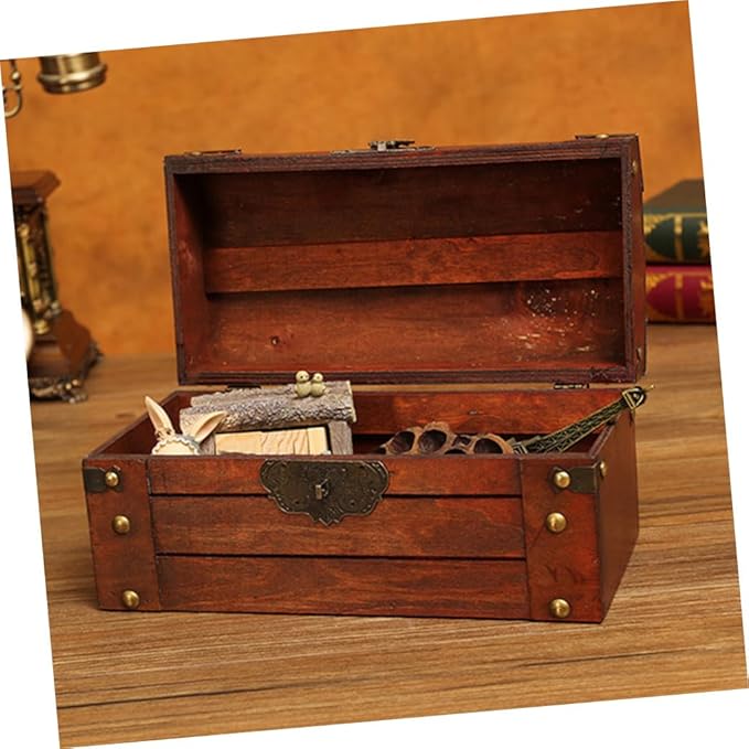Veemoon Decorative Box Vintage Wooden Treasure Chest Storage Box with Lock Jewelry Case Makeup Storage Organizer Desktop Sundries Container Photo Prop for Home Bathroom Office Keepsake es