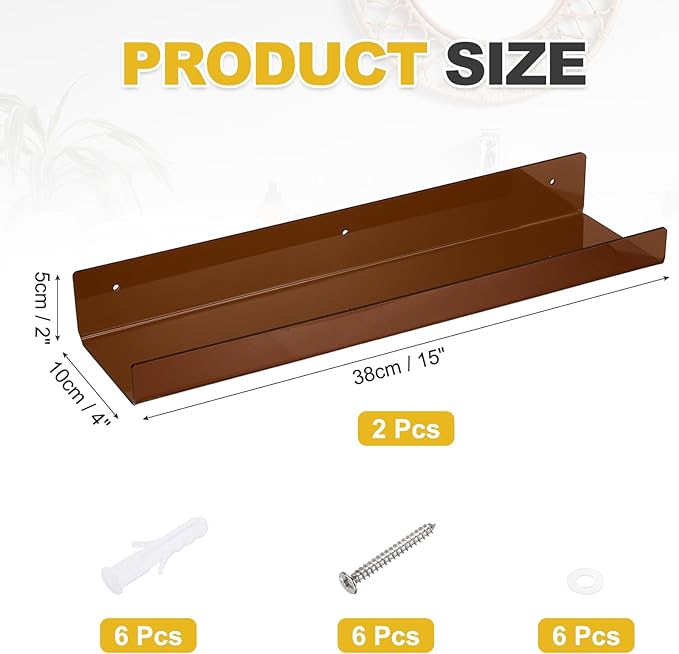 MECCANIXITY 2 Pack Acrylic Shelves for Wall, 15 Inch Brown Floating Shelves Wall Mount Display Shelf Organizer for Bathroom, Bedroom, Living Room, Room Decor