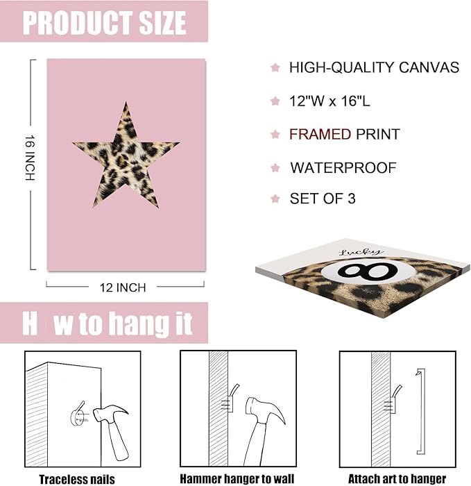 Hwetui Trendy Leopard Canvas Wall Art Set of 3 Funky Lucky 8 Ball Posters Prints Preppy Room Aesthetic Painting Cheetah Wall Decor Pictures for Girls Bedroom Apartment Dorm 12x16 Inch Framed
