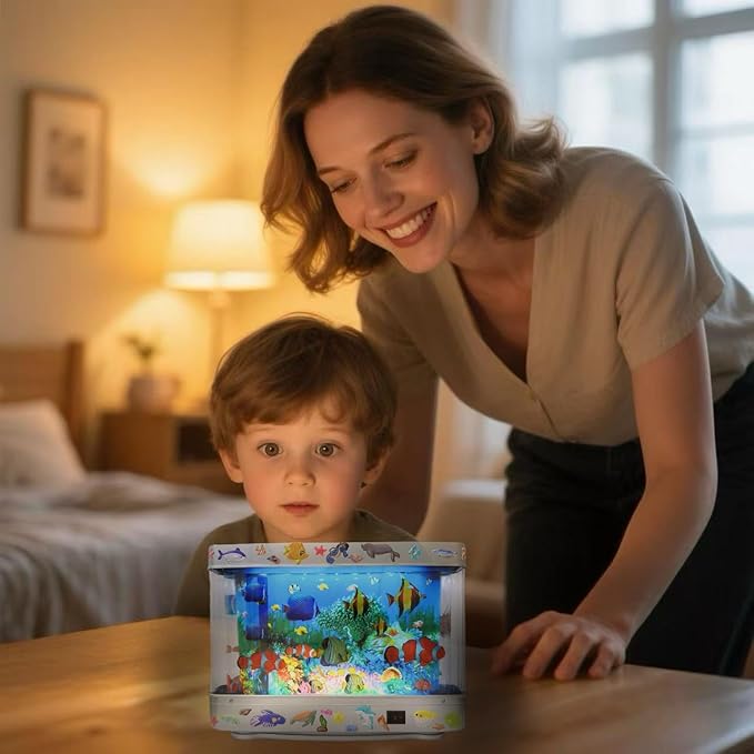 Fake Fish Tank Lamp - Moving Aquarium Night Light with Virtual Ocean Effect, 80s Retro Design for Adult Relaxation, Artificial Aquarium Decorative Lamp for Kids' Room and Cat Owners(US Plug)
