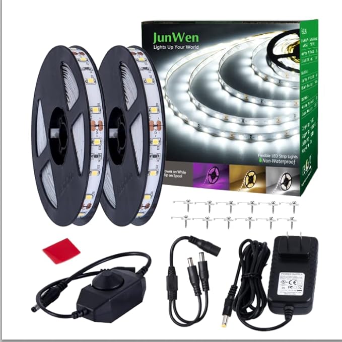 40ft Daylight White Led Strip Lights, 6000K 12V Dimmable Flexible Led Tape Light, Cuttable Led Lights Strip for Bedroom Christmas, Kitchen, Cabinet, Mirror, Not Waterproof
