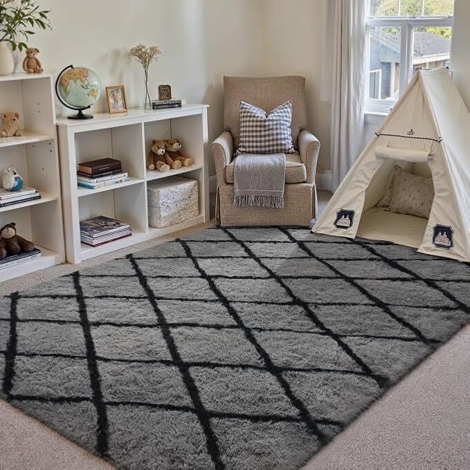 PureCozy 4x6 Checkered Rug for Living Room Grey and White Modern Soft Area Rug Fluffy Non-Slip Carpet for Bedroom Playroom Home Aesthetic Decor