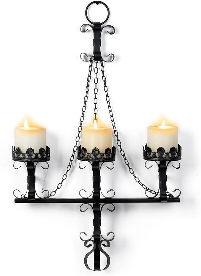 Black Wall Candle Sconces,3 Iron Candelabra,Gothic Victorian Decor,Rustic wall Candle Holder for Bathroom,Living Room,Dining Room Indoor Outdoor Use