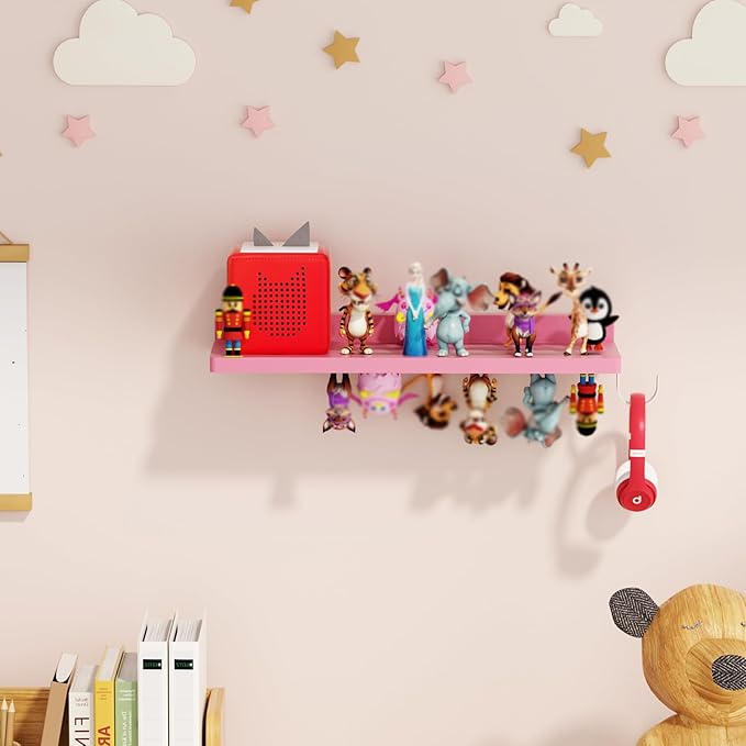 for Tonies Shelf Magnetic - Tonies Figure Organizer for Kids Room, Wooden Magnetic Display Shelf for Tonies Box Holder, Wall Floating Shelves Toy Storage Compatible Charging Station(1 Tier, Pink)