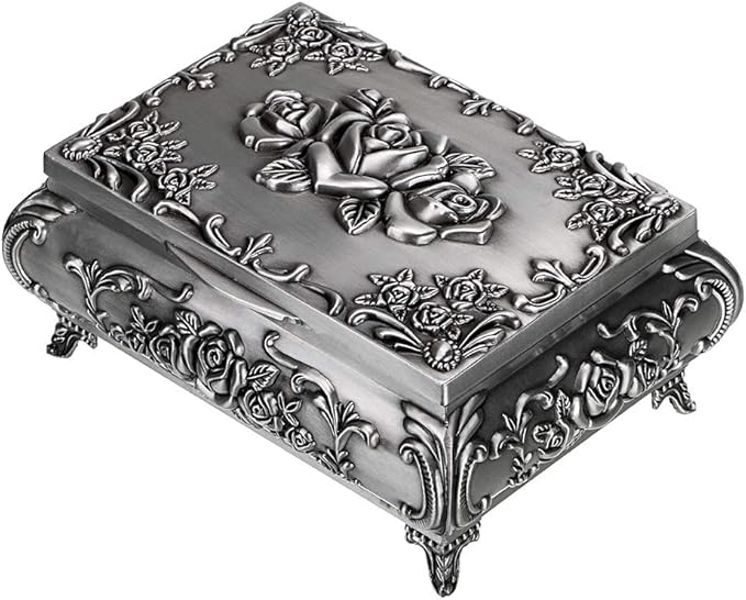 Hipiwe Vintage Metal Jewelry Box Small Trinket Jewelry Storage box For Rings Earrings Necklace Treasure Chest Organizer Antique jewelry Keepsake gift Box Case for Women (Medium)